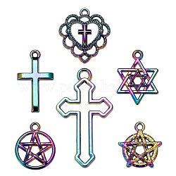 24Pcs 6 Style Rainbow Color Alloy Pendants, Cadmium Free & Nickel Free & Lead Free, Cross, Star of David, Ring, Heart with Cross, Pentacle, 19~38x14~22x1.5~3mm, Hole: 1.4~3mm, 4pcs/style