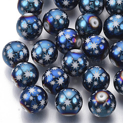 Weihnachts-Galvanikglasperlen, Runde mit Sternchen-, in Blau Plattiert, 10 mm, Bohrung: 1.2 mm
