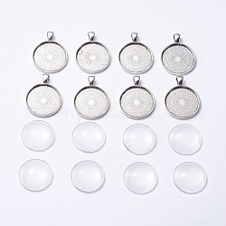 DIY Pendant Making, Tibetan Style Alloy Pendant Cabochon Settings and Transparent Glass Cabochons, Flat Round, Antique Silver, Tray: 25mm, 36.5x28x3mm, Hole: 7x4mm, 24.5~25x6~7mm
