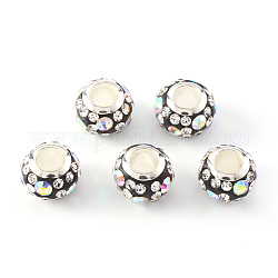 Handgemachte Polymer Lehmrhinestone europäischen Perlen, Großloch perlen, mit Messing Silber Farbkern, Rondell, Schwarz, 11x7.5 mm, Bohrung: 5 mm