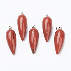 Pendentifs pointus en jaspe rouge naturel, avec les accessoires en laiton de platine, balle, 32~33x12mm, Trou: 2.5x6mm