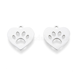 201 Stainless Steel Charms, Laser Cut Pendants, Heart with Dog Paw Prints , Stainless Steel Color, 15x15x1mm, Hole: 1.5mm