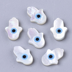 Natural White Shell Mother of Pearl Shell Beads, Top Drilled Beads, with Synthetic Turquoise, Hamsa Hand/Hand of Fatima/Hand of Miriam with Evil Eye, Deep Sky Blue, 10x8x2mm, Hole: 0.6mm
