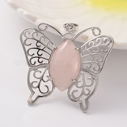 Laiton ton papillon platine pendentifs rose naturelle quartz, 43x45x7mm, Trou: 9x5mm