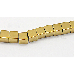 Non magnetici perle ematite sintetico fili, cubo, oro placcato, misura:circa4mm lunghezza, 4 mm di larghezza, 4 mm di spessore, Foro: 1 mm, 96 pcs / Filo, 16 pollice