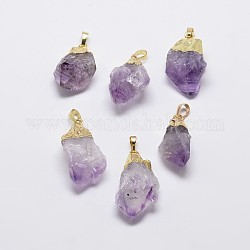 Natural Amethyst Nuggets Golden Plated Pendants, with Brass Finding, Amethyst, 35~40x18~22mm, Hole: 8x5mm