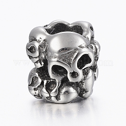 316 Surgical Stainless Steel Beads, Skull, Large Hole Beads, Antique Silver, 12x9mm, Hole: 8mm