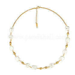 Collar de cuentas redondas planas y cuadradas de perlas naturales con cadenas de acero inoxidable para mujer, dorado, 15.75 pulgada (40 cm)