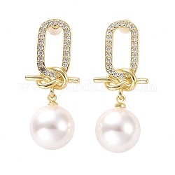 Boucles d'oreilles ovales en zircone cubique transparente avec nœud et perle en plastique, bijoux en laiton pour femmes, sans cadmium et sans plomb, or clair, 36mm, pin: 0.9 mm