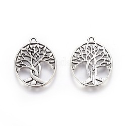 Tibetan Style Zinc Alloy Pendants, Oval with Tree of Life, Antique Silver, 31.5x23.5x1.5mm, Hole: 1.5mm
