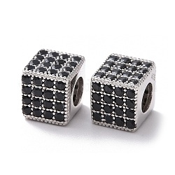 Perles 925 en argent sterling, avec zircons, Platine plaqué réel, cube, noir, 7x7.5x7.5mm, Trou: 3.8mm