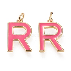 Brass Enamel Pendants, with Jump Ring, Long-Lasting Plated, Real 18K Gold Plated, Letter.R, Hot Pink, Letter.R, R: 18x11.5x1.8mm, Jump Rings: Inner Diameter: 3mm