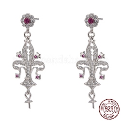 Rhodium Plated 925 Sterling Silver Stud Earring Findings, with Cubic Zirconia, For Half Drilled Beads, Fleur De Lis, Colorful, Platinum, 37x14mm, Pin: 0.5mm