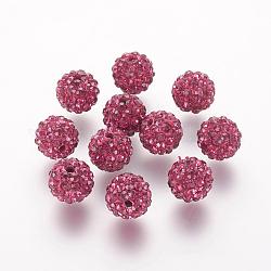Abalorios de Diamante de imitación de arcilla polímero, Grado A, redondo, Pave bolas de discoteca, fucsia, 8x7.5mm, agujero: 1 mm
