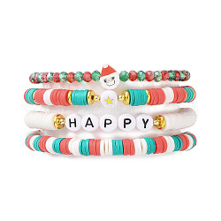 4 шт., 4 стильных браслета из полимерной глины Heishi Surfer, растягивающиеся браслеты, женские рождественские браслеты с дедом морозом и стеклом, разноцветные, внутренний диаметр: 2-1/8~2-1/4 дюйм (5.45~5.8 см), 1шт / стиль