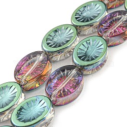 Chapelets de perles en verre électroplaqué, demi-plaqué, ovale avec des fleurs, vert de mer foncé, 14x10.4x4.8mm, Trou: 1.2mm, Environ 45 pcs/chapelet, 25.04 pouce (63.6 cm)