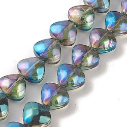Brins de perles de verre de galvanoplastie transparentes, arc-en-ciel plaqué, cœur, dark cyan, 12x13x7mm, Trou: 1mm, Environ 55 pcs/chapelet, 25.51'' (64.8 cm)