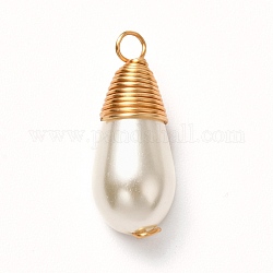 Colgantes de perlas de vidrio, pintado, con fornituras de latón, dorado, lágrima, blanco, 21.5x8mm, agujero: 2.1 mm