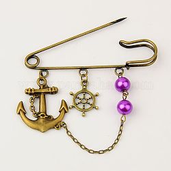 Glass Pearl Brooches, with Tibetan Style Pendants, Iron Chains and Iron Kilt Pins, Anchor & Helm, Dark Orchid, 66mm