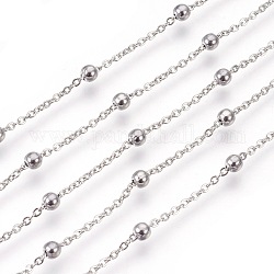 304 Edelstahl-Kabelketten, Satellitenketten, mit runden Perlen, gelötet, Flachoval, Edelstahl Farbe, Link: 2x1.5 mm, Perle: 3 mm