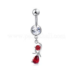Brass Cubic Zirconia Navel Ring, Belly Rings, with 304 Stainless Steel Bar, Cadmium Free & Lead Free, Flower, Red, 43x7mm, Bar Length: 3/8