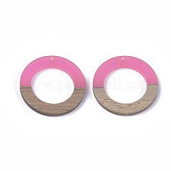Resin & Walnut Wood Pendants, Ring, Hot Pink, 38x3.5mm, Hole: 2mm