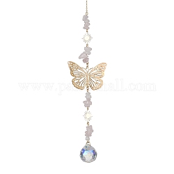 Decorazioni pendenti in ottone a farfalla, con pendenti in vetro e perle di quarzo rosa, 315mm