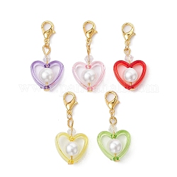 Decoraciones colgantes de perlas de vidrio y acrílico en forma de corazón, con broches de langosta de la aleación de la garra, color mezclado, 35mm