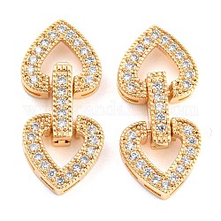 Brass Micro Pave Clear Cubic Zirconia Clasps, Heart, Real 18K Gold Plated, 25mm, Heart: 11x12x4mm, Clasp: 11x3x4.5mm
