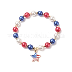 Bracelet extensible en perles de verre et perles rondes en coquillage, bracelet de jour de l'indépendance de charme d'étoile d'émail d'alliage pour des femmes, colorées, 2 pouce (5 cm)