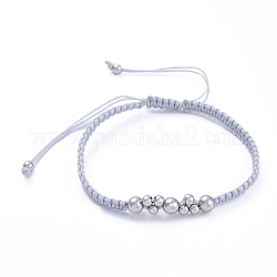 Bracelets de perles de nylon tressés réglables, Avec des billes rondes en laiton, gris clair, diamètre intérieur: 2-1/8 pouce ~ 3-1/2 pouces (5.4~9 cm)