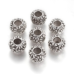 Legierungs-europäische Perlen mit großem Loch, Unterlegscheibe mit Blume, Antik Silber Farbe, 11.5x7 mm, Bohrung: 4.5 mm