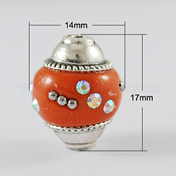 Handmade Indonesia Beads, with Alloy Cores and Rhinestone Beads, Antique Silver, Orange, 14x17mm, Hole: 2mm