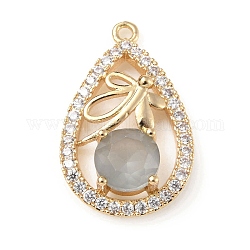 Laiton avec pendentifs en verre et strass k9, or clair, larme avec breloques libellule, diamant noir, 26x16x5.5mm, Trou: 1.6mm