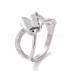 Diamante de imitación de cristal entrecruzado con anillo de dedo de mariposa, 304 joyería de acero inoxidable para mujer., color acero inoxidable, nosotros tamaño 6 1/4~9 (16.8~18.9 mm)
