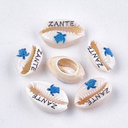 Printed Cowrie Shell Beads, No Hole/Undrilled, Sea Turtle & ZANTE Pattern, Dodger Blue, 18~21x11~14x6~8mm