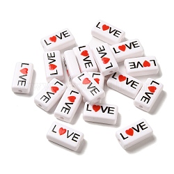 Perles acryliques opaques peintes à la bombe, rectangle avec le mot amour, fumée blanche, 10x18.5x6mm, Trou: 2mm