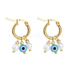 304 Stainless Steel Hoop Earrings, with Handmade Evil Eye Lampwork Round Bead, Freshwater Pearl Beads & Brass Beads, Golden, Turquoise, 30mm, Pin: 1.8x0.6mm
