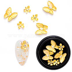 Nail Art Decoration Accessories, with Alloy, Rhinestone and Resins, Flower & Butterfly, Golden, 12.5x12x3mm & 8x7x2mm, 6pcs/box