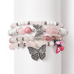 Ensembles de bracelets extensibles en perles de pierres précieuses, bracelets à breloques papillon en alliage pour femmes, diamètre intérieur: 2-1/8 pouce (5.4 cm), 4 pièces / kit