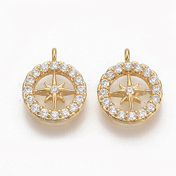 Brass Micro Pave Clear Cubic Zirconia Charms, Nickel Free, Flat Round with Star, Real 18K Gold Plated, 10.5x8.5x1.5mm, Hole: 1mm