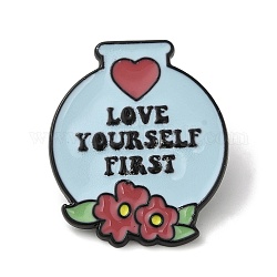 Inspirierende Emaille-Pins mit dem Wort „Liebe dich selbst zuerst“ und Blumen, Schwarzes Legierungsabzeichen für Damen, light cyan, 33x28x2 mm