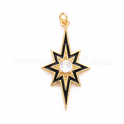Brass Micro Pave Clear Cubic Zirconia Pendants, with Enamel and Jump Ring, Cadmium Free & Nickel Free & Lead Free, Star, Real 16K Gold Plated, Black, 34.5x18x4mm, Jump Ring: 4.5x0.8mm, 2.9mm inner diameter