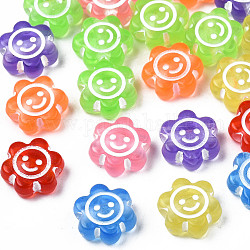 Transparent Acrylic Beads, Craft Style, Flower with Smiling Face, Mixed Color, 10x11x5mm, Hole: 2mm