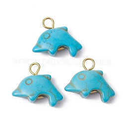 Pendentifs de turquoise synthétique, avec boucles en fer plaqué or, breloques de dauphin, turquoise moyen, 15.5~16x19~19.5x6.5mm, Trou: 3.5mm