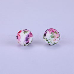 Bedruckte runde Fokalperlen aus Silikon mit Blumenmuster, rosa, 15x15 mm, Bohrung: 2 mm