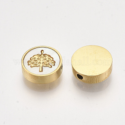 Perles en 304 acier inoxydable, avec coquille, plat et circulaire avec arbre de vie, or, 9.5~10x3mm, Trou: 1.5mm