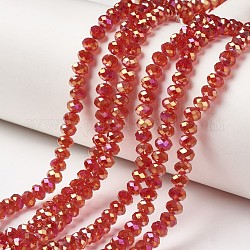 Placcare trasparente perle di vetro fili, pieno arcobaleno placcato, sfaccettato, rondelle, rosso, 6x5mm, Foro: 1 mm, circa 85~88pcs/filo, 16.1~16.5 pollice (41~42 cm)