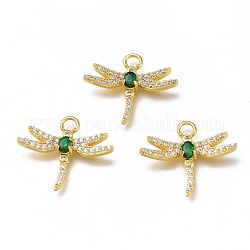 Brass Micro Pave Cubic Zirconia Pendants, Long-Lasting Plated, Dragonfly Shape, Real 18k Gold Plated, Green, 18.5x21.5x3.5mm, Hole: 2.5mm
