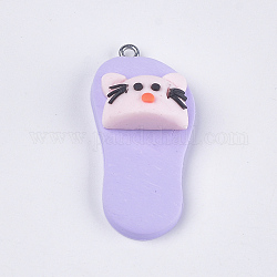 Handmade Polymer Clay Kitten Pendants, with Iron Findings, Slipper with Cat Head Shape, Platinum, Lilac, 42~43x19~20x11~14mm, Hole: 1.5mm